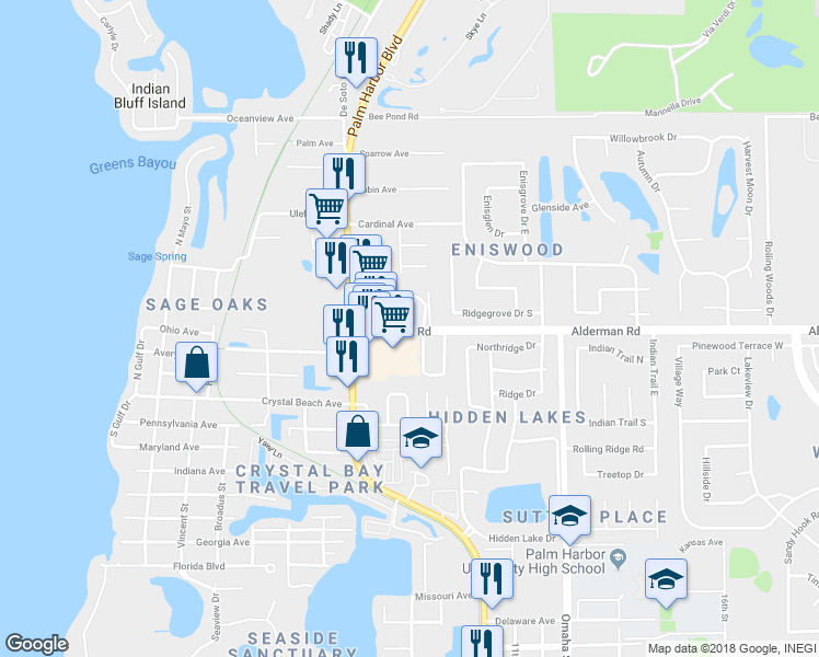 map of restaurants, bars, coffee shops, grocery stores, and more near 843 Alderman Road in Palm Harbor