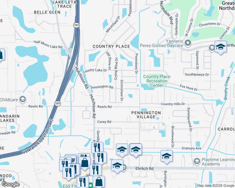 map of restaurants, bars, coffee shops, grocery stores, and more near 15709 Crying Wind Drive in Tampa
