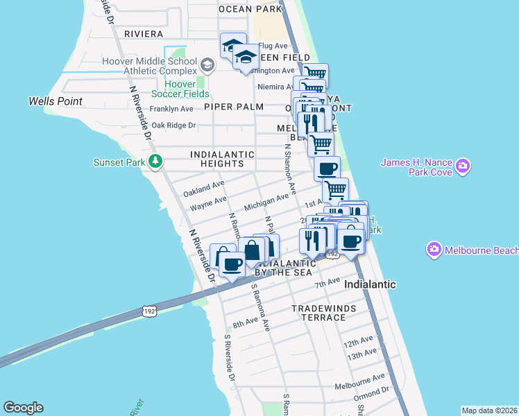 map of restaurants, bars, coffee shops, grocery stores, and more near 301 Michigan Avenue in Indialantic