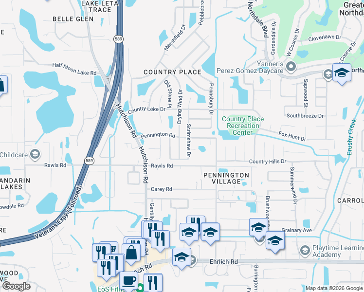 map of restaurants, bars, coffee shops, grocery stores, and more near 15709 Crying Wind Drive in Tampa