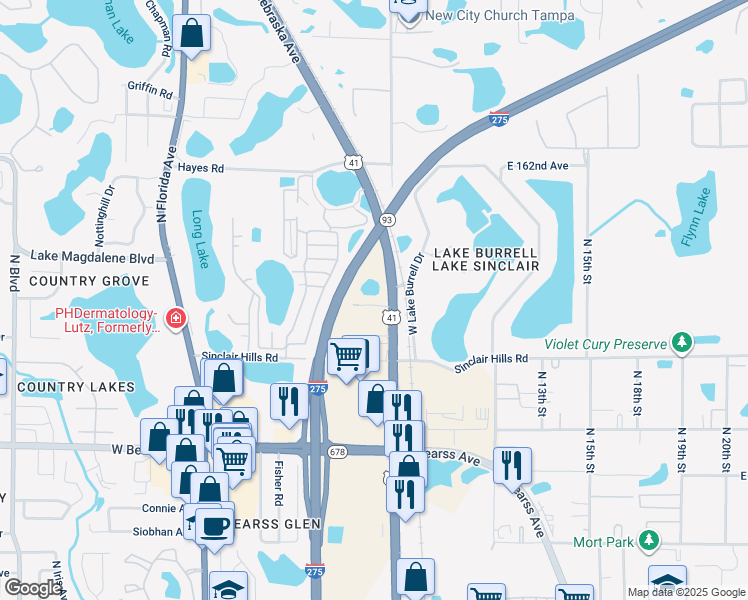 map of restaurants, bars, coffee shops, grocery stores, and more near 810 Clear Lane in Lutz