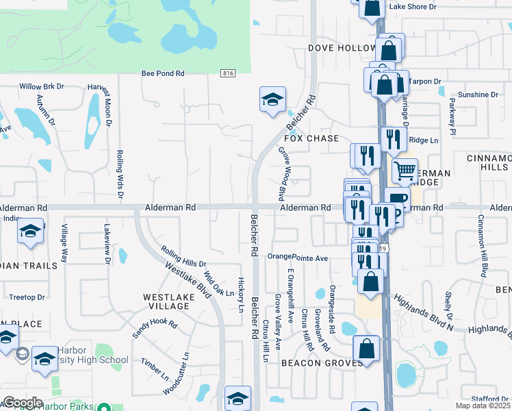 map of restaurants, bars, coffee shops, grocery stores, and more near Belcher Rd & Alderman Rd in Palm Harbor