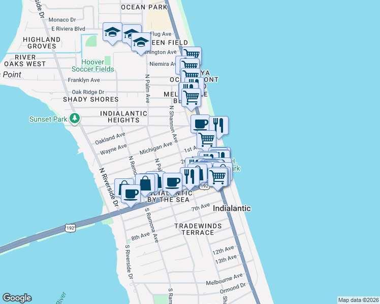 map of restaurants, bars, coffee shops, grocery stores, and more near 133 1st Avenue in Indialantic