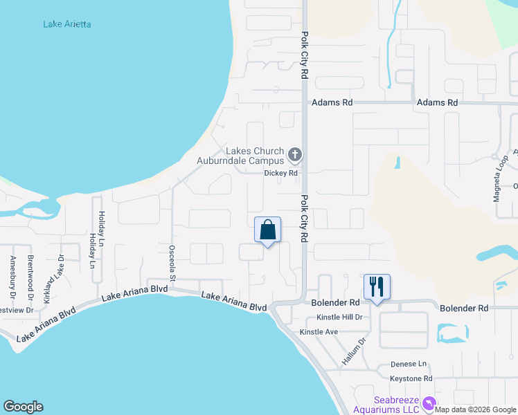 map of restaurants, bars, coffee shops, grocery stores, and more near 119 Shaddock Drive in Auburndale