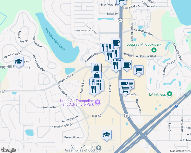 map of restaurants, bars, coffee shops, grocery stores, and more near 3800 US Highway 98 North in Lakeland