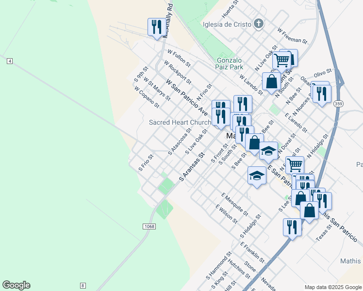 map of restaurants, bars, coffee shops, grocery stores, and more near 401 South Atascosa Street in Mathis