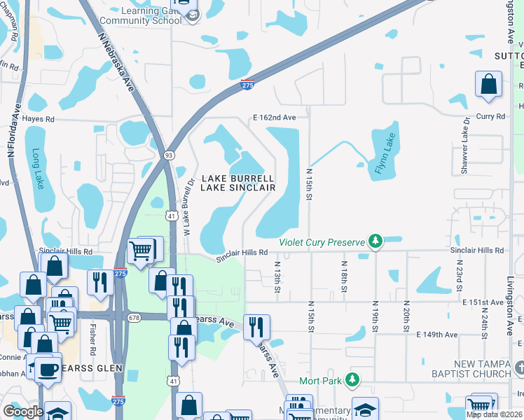 map of restaurants, bars, coffee shops, grocery stores, and more near 15421 East Lake Burrell Drive in Lutz