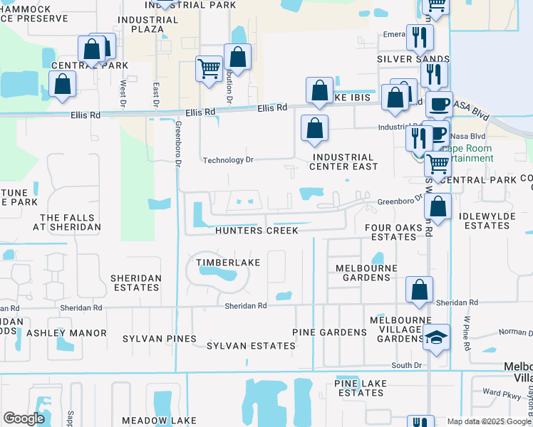 map of restaurants, bars, coffee shops, grocery stores, and more near 7620 Greenboro Drive in West Melbourne
