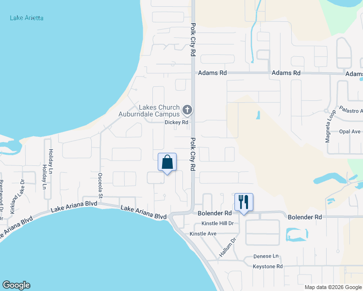 map of restaurants, bars, coffee shops, grocery stores, and more near 110 Keith Court in Auburndale