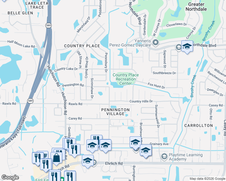 map of restaurants, bars, coffee shops, grocery stores, and more near 15710 Bovine Place in Tampa