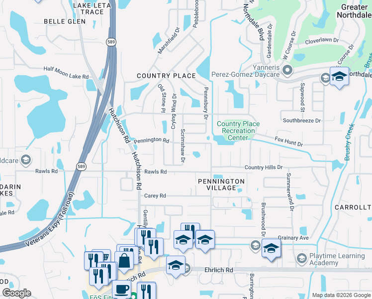 map of restaurants, bars, coffee shops, grocery stores, and more near 15853-15891 Scrimshaw Drive in Greater Northdale