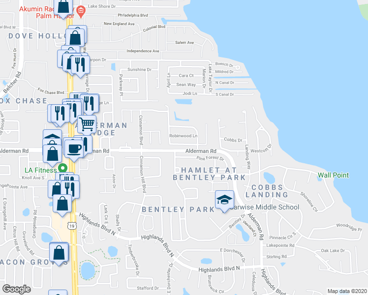 map of restaurants, bars, coffee shops, grocery stores, and more near 3045 Pine Forest Drive in Palm Harbor