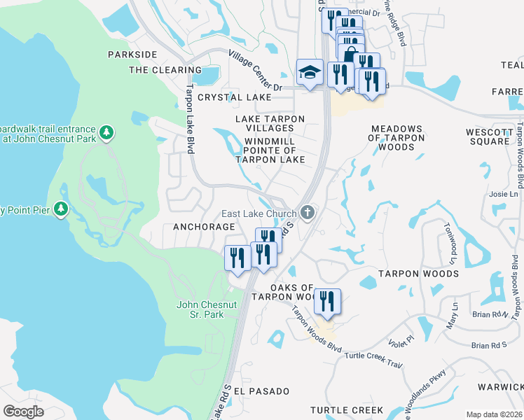 map of restaurants, bars, coffee shops, grocery stores, and more near 953 Woodgate Drive in Palm Harbor