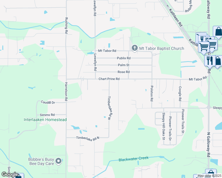 map of restaurants, bars, coffee shops, grocery stores, and more near 4105 Timberlake Road West in Lakeland