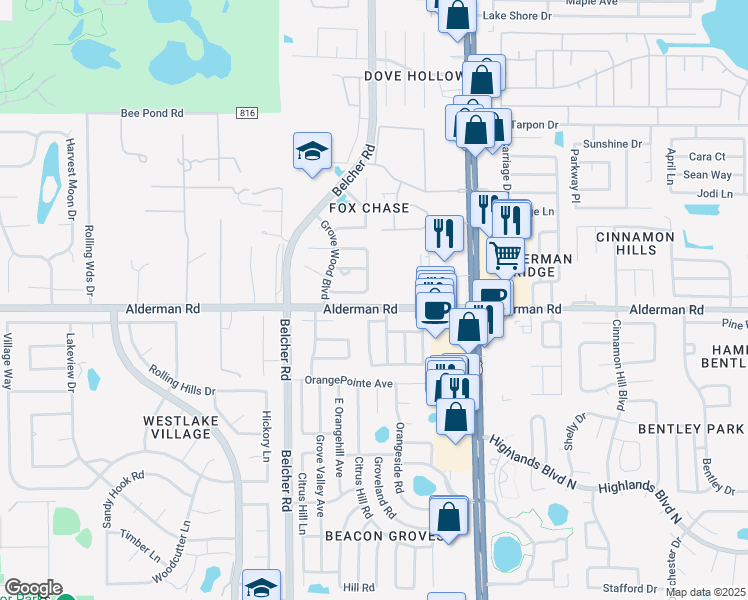 map of restaurants, bars, coffee shops, grocery stores, and more near 2309 Knoll Avenue South in Palm Harbor