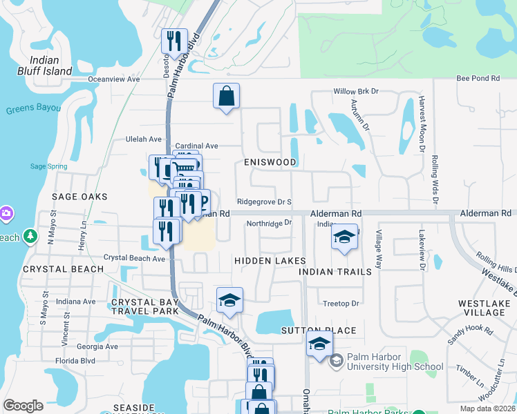 map of restaurants, bars, coffee shops, grocery stores, and more near 989 Northridge Drive in Palm Harbor