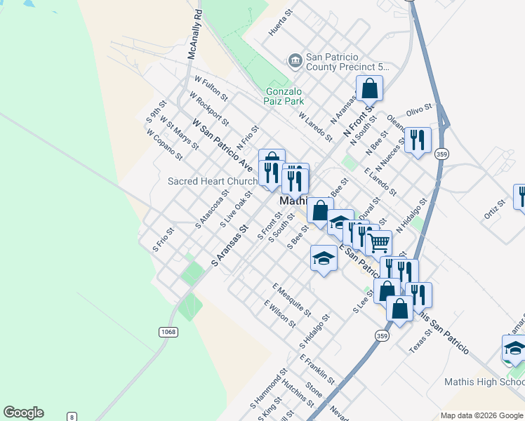 map of restaurants, bars, coffee shops, grocery stores, and more near 218 South Front Street in Mathis