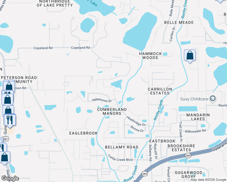 map of restaurants, bars, coffee shops, grocery stores, and more near 15401 Heathridge Drive in Tampa