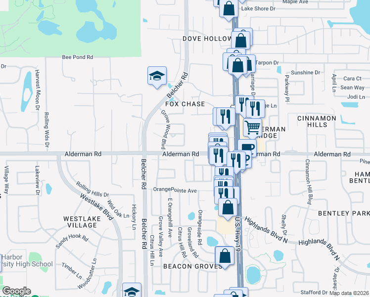 map of restaurants, bars, coffee shops, grocery stores, and more near 2300 Bancroft Circle South in Palm Harbor
