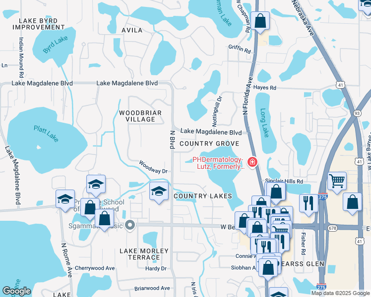 map of restaurants, bars, coffee shops, grocery stores, and more near 15411 Stonecreek Lane in Tampa