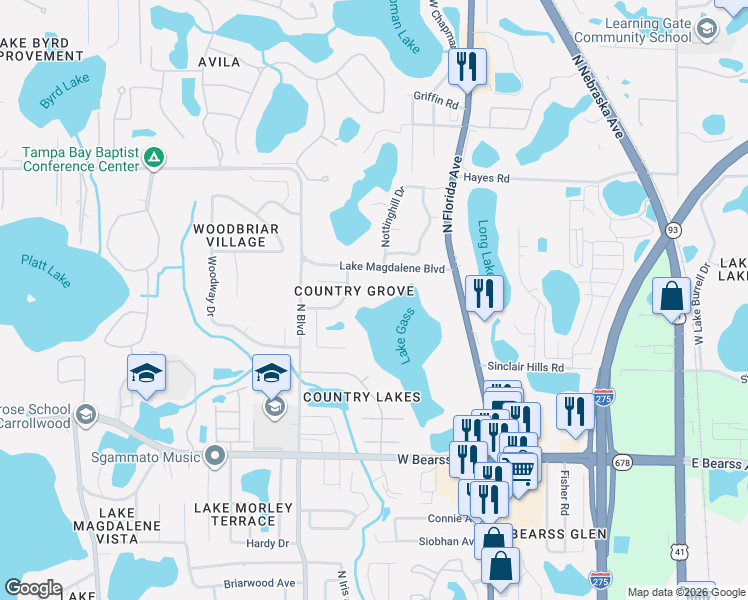 map of restaurants, bars, coffee shops, grocery stores, and more near 15519 Wetstone Drive in Tampa