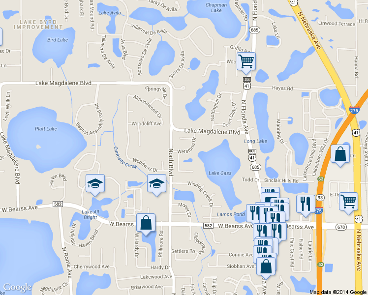 map of restaurants, bars, coffee shops, grocery stores, and more near 15411 Stonecreek Lane in Tampa