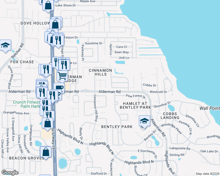 map of restaurants, bars, coffee shops, grocery stores, and more near 2724 Bentley Drive in Palm Harbor