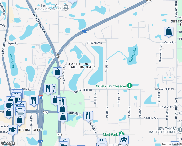 map of restaurants, bars, coffee shops, grocery stores, and more near 15421 East Lake Burrell Drive in Lutz