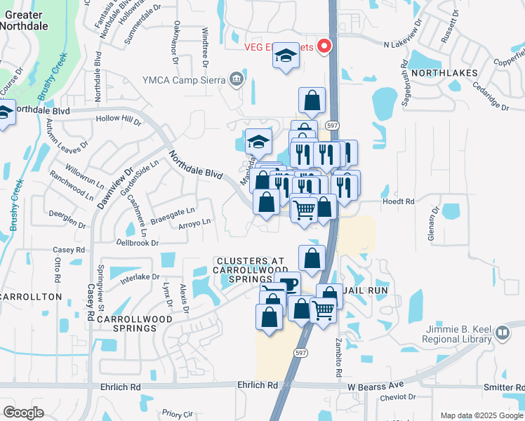 map of restaurants, bars, coffee shops, grocery stores, and more near 3865 Northdale Boulevard in Greater Northdale