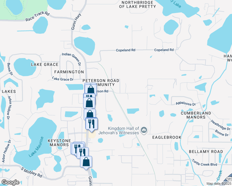 map of restaurants, bars, coffee shops, grocery stores, and more near Peterson Road in Citrus Park