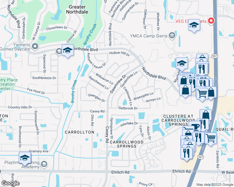 map of restaurants, bars, coffee shops, grocery stores, and more near 15609 GardenSide Lane in Tampa