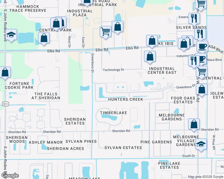map of restaurants, bars, coffee shops, grocery stores, and more near 7815 Shadowood Drive in West Melbourne