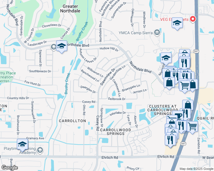 map of restaurants, bars, coffee shops, grocery stores, and more near 15609 GardenSide Lane in Tampa