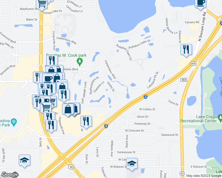 map of restaurants, bars, coffee shops, grocery stores, and more near 4024 Derby Drive in Lakeland
