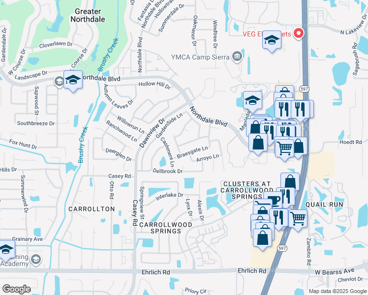 map of restaurants, bars, coffee shops, grocery stores, and more near 15602 Farnsworth Lane in Tampa