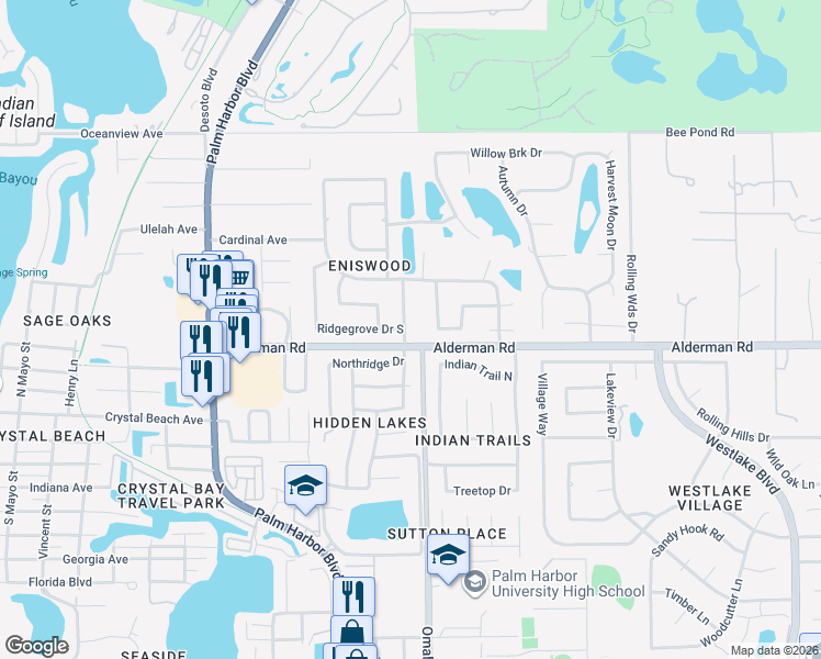 map of restaurants, bars, coffee shops, grocery stores, and more near 1123 Northridge Drive in Palm Harbor