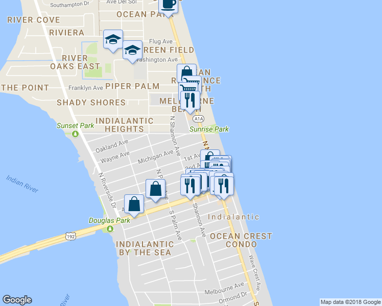 map of restaurants, bars, coffee shops, grocery stores, and more near 122 1st Avenue in Indialantic