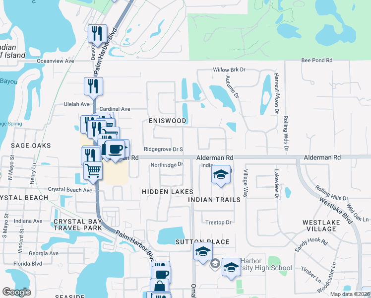 map of restaurants, bars, coffee shops, grocery stores, and more near 1123 Northridge Drive in Palm Harbor
