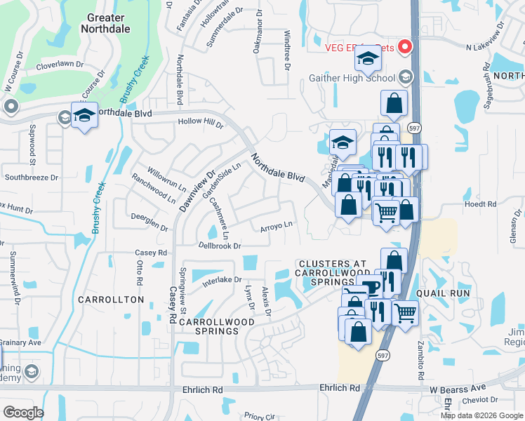 map of restaurants, bars, coffee shops, grocery stores, and more near 4020 Braesgate Lane in Tampa