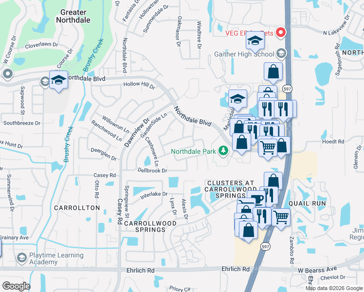 map of restaurants, bars, coffee shops, grocery stores, and more near 4020 Braesgate Lane in Tampa