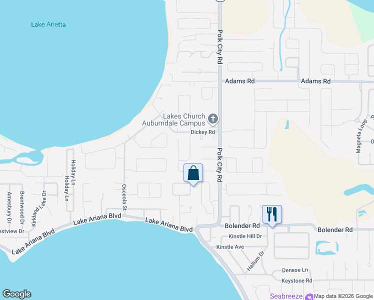 map of restaurants, bars, coffee shops, grocery stores, and more near 119 Shaddock Drive in Auburndale