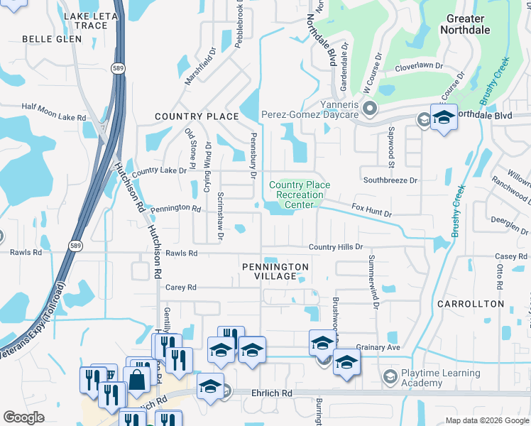 map of restaurants, bars, coffee shops, grocery stores, and more near 15710 Bovine Place in Tampa