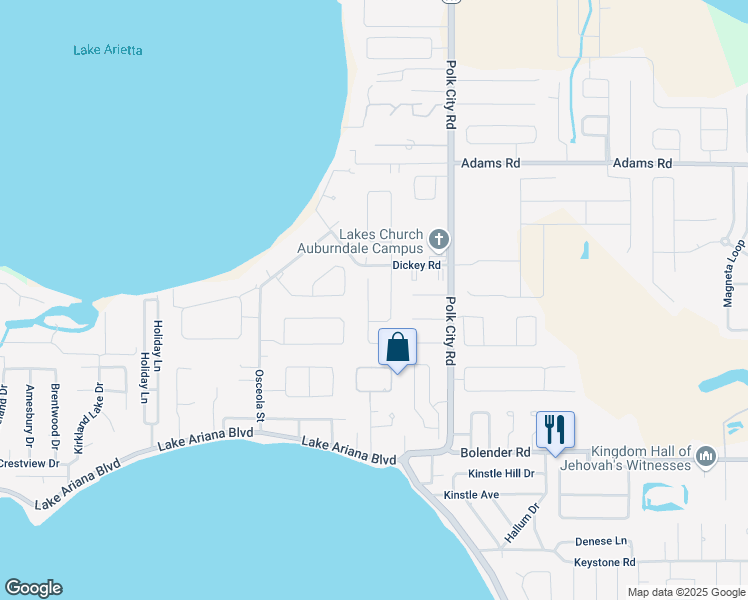 map of restaurants, bars, coffee shops, grocery stores, and more near 110 Evergreen Drive in Auburndale