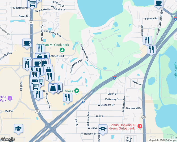 map of restaurants, bars, coffee shops, grocery stores, and more near 3900 Derby Drive in Lakeland