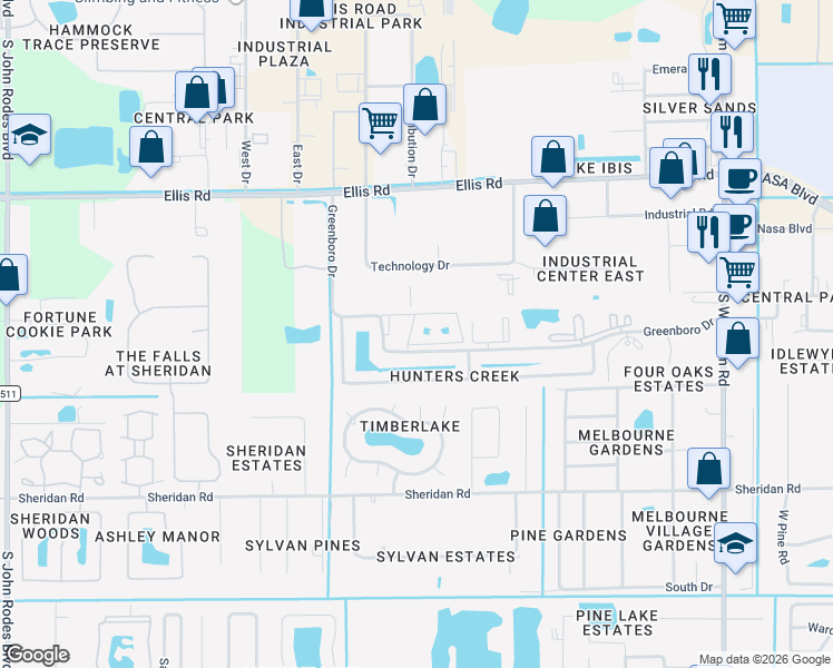 map of restaurants, bars, coffee shops, grocery stores, and more near 7801 Maplewood Drive in West Melbourne