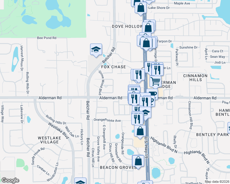 map of restaurants, bars, coffee shops, grocery stores, and more near 2270 Alden Lane in Palm Harbor