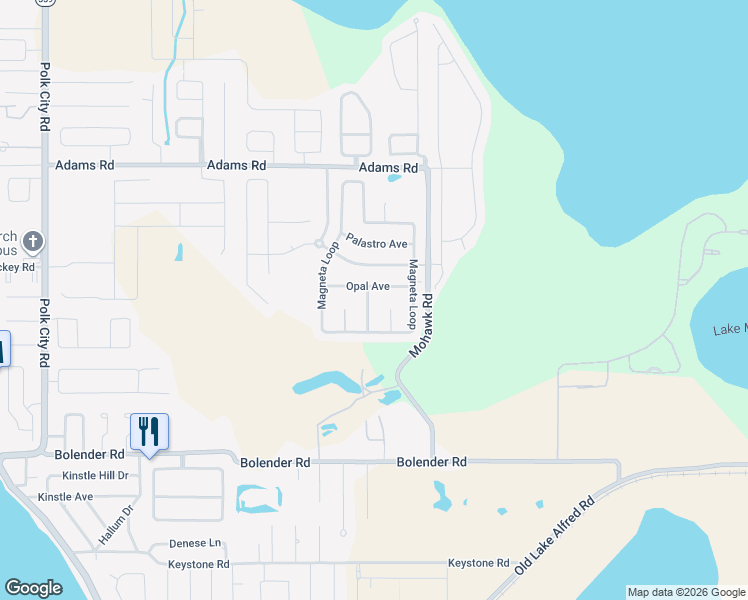 map of restaurants, bars, coffee shops, grocery stores, and more near 449 Opal Avenue in Auburndale