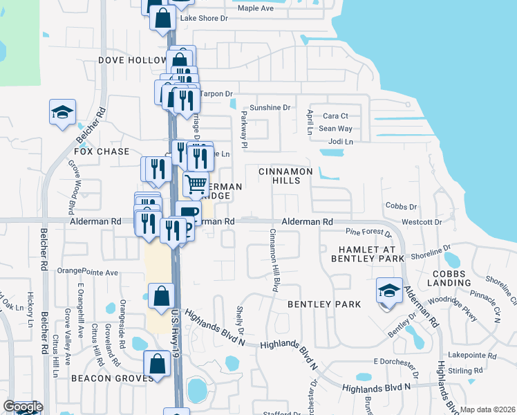 map of restaurants, bars, coffee shops, grocery stores, and more near 2757 Alderman Road in Palm Harbor