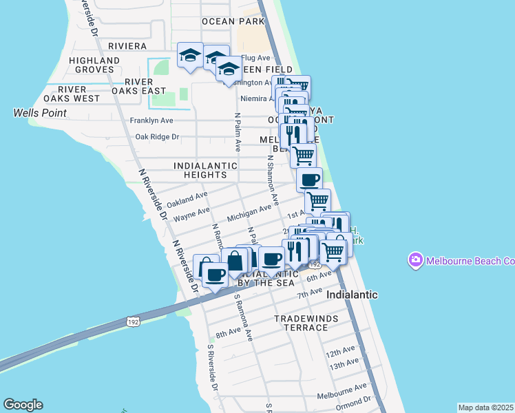map of restaurants, bars, coffee shops, grocery stores, and more near 228 Michigan Avenue in Indialantic