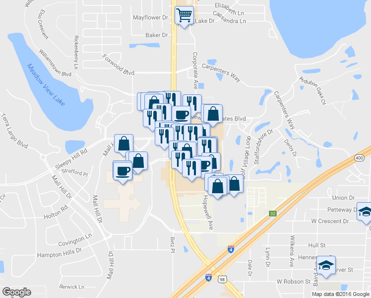 map of restaurants, bars, coffee shops, grocery stores, and more near 4159 U.S. 98 in Lakeland